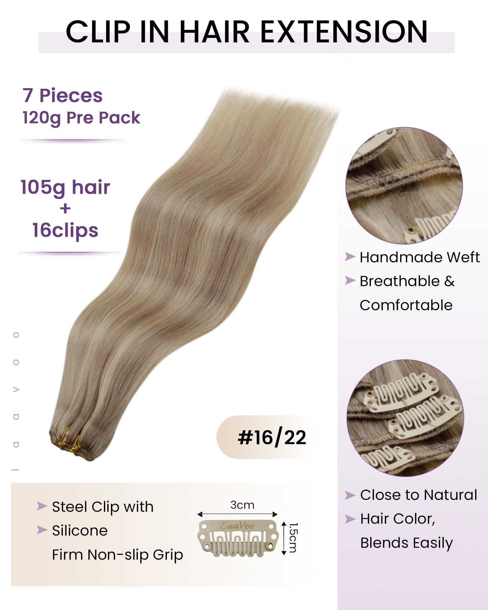 LaaVoo LaaVoo Human Hair Clip in Extensions Dark Ash Blonde Highlighted Light Blonde Clip in Hair Extensions Real Human Hair Highlight Blonde Clip in Hair Extensions Full Head 24 Inch 120g 7pcs