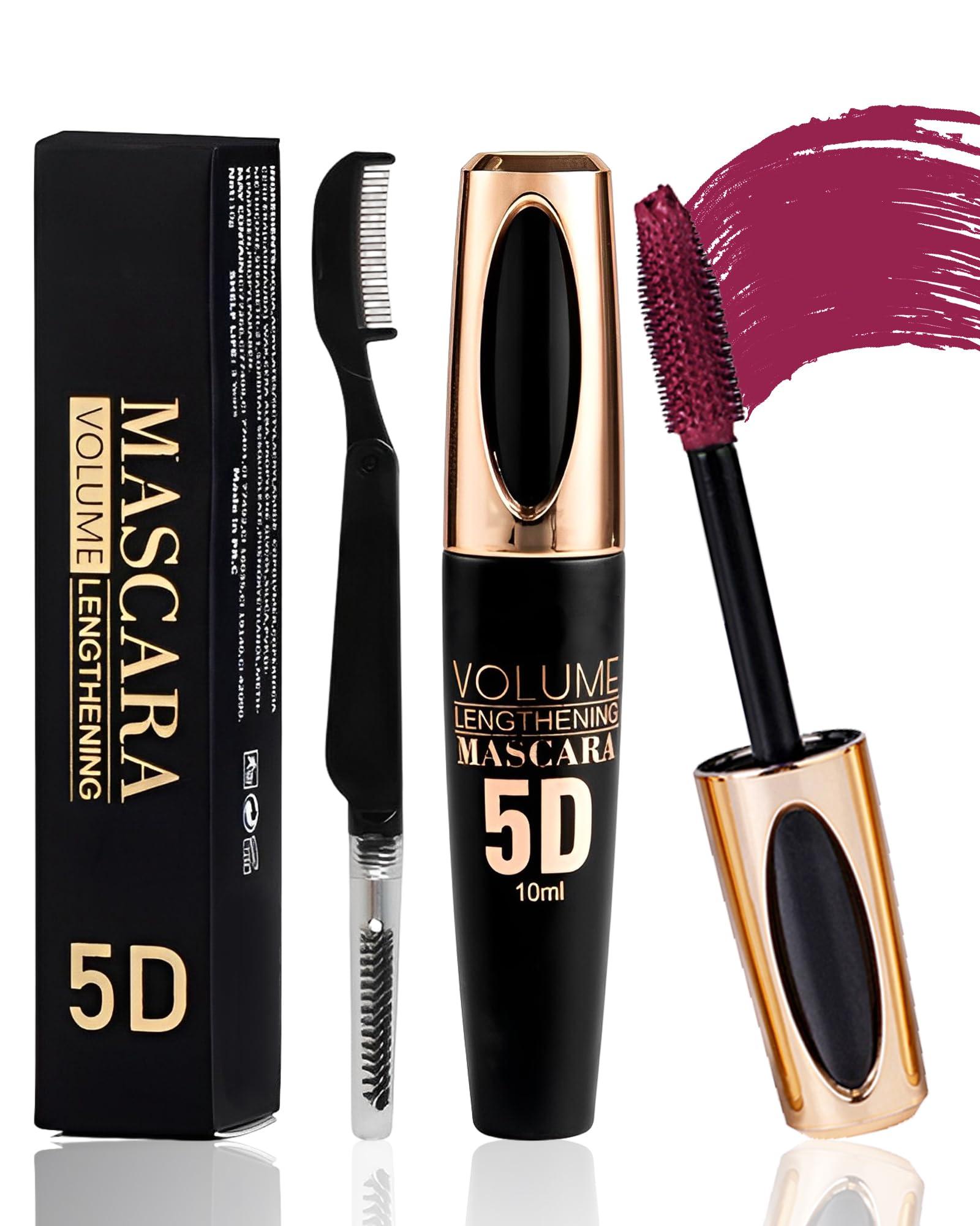 Lestpola Burgundy Mascara Waterproof Tubing Mascara, Volume and Length Voluminous Colored Mascara for Eyelashes, Long Lasting Smudge-proof Lengthening 5D Lash Mascara with Silk Fiber, No Flaking or Clumping