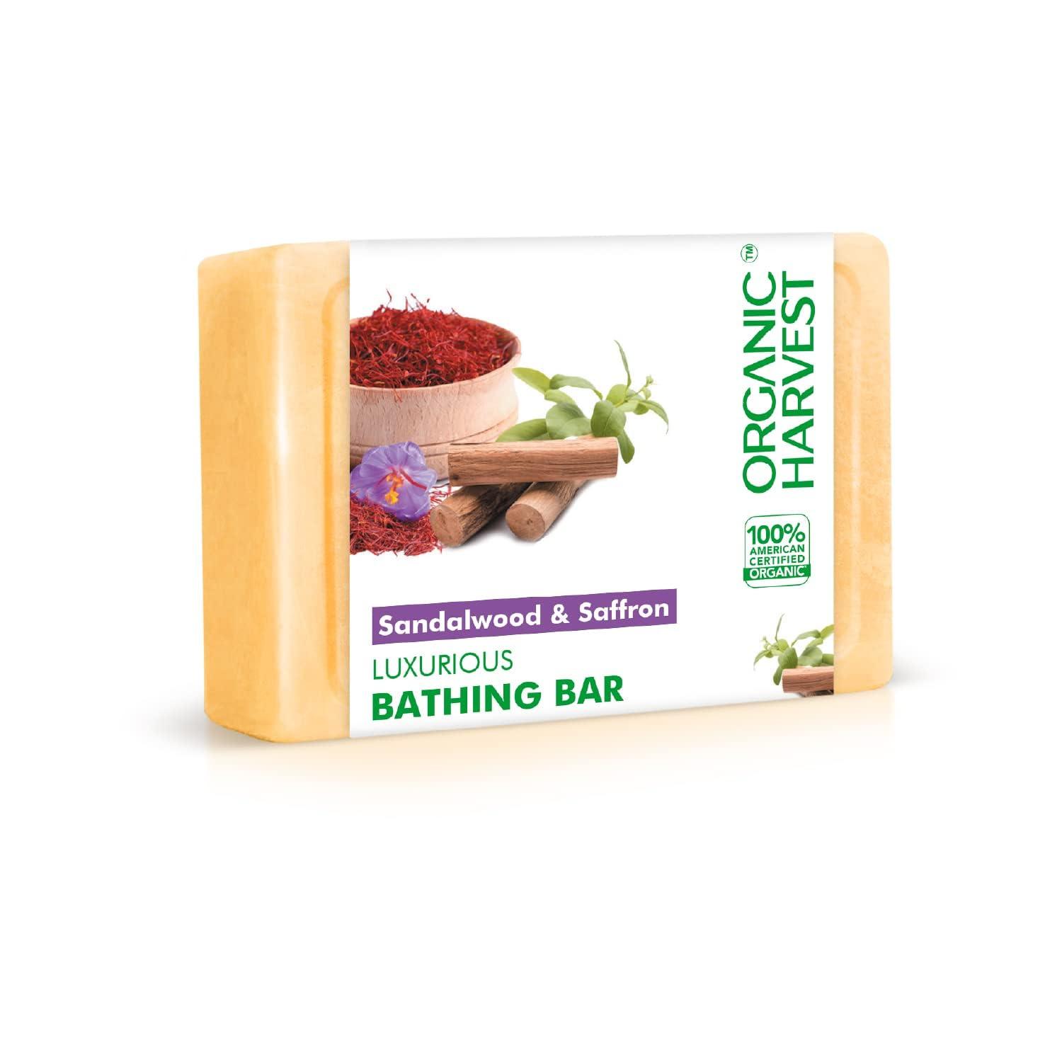 Generic Orga;nic Harvest Luxurious Bathing Bar: Sandalwood & Saffron | Sandalwood & Saffron Bar Soap for Gentle Cleansing | 100% American Certified Organic | Sulphate & Paraben-free, 125gm (Pack of 3)