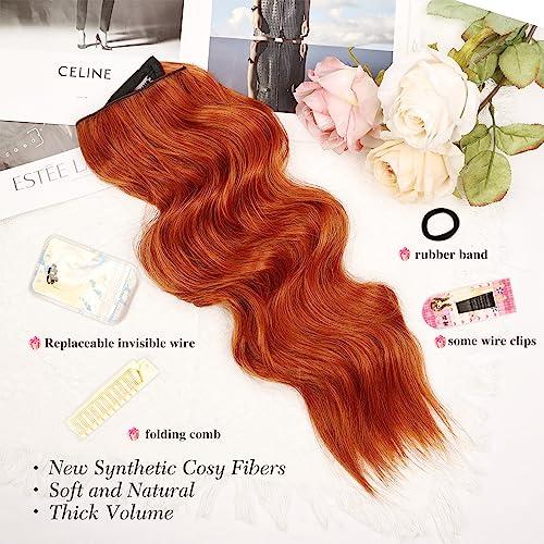 MORICA MORICA Invisible Wire Hair Extensions - Copper Red Hair Extensions 20 Inch Halo Hair Extensions Long Wavy Synthetic Hairpiece with Transparent Wire Adjustable Size, 4 Secure Clips for Women