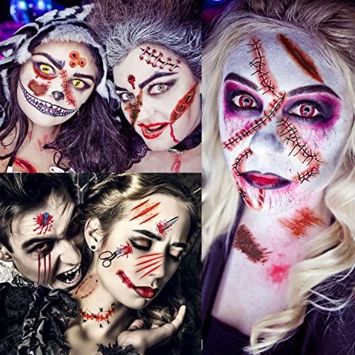 JOEHAPY JOEHAPY 435+ PCS 50 Sheets Halloween Fake Scar Tattoos Sticker, 3D Chucky Stitches Tattoo For Women Men Adult Kids Boys Girls, Fake Blood Wound Cut Zombie Tattoos Halloween Face Makeup Kit Set Decals