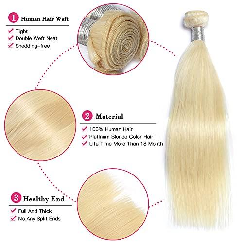 EREE HAIR EREE HAIR 613# Blonde Brazilin Straight Virgin Hair 3 Bundles with 4x4 Lace Closure Middle Part T Part Lace Closure Remy Human Hair Wefts Weave(22 24 26 with 20)