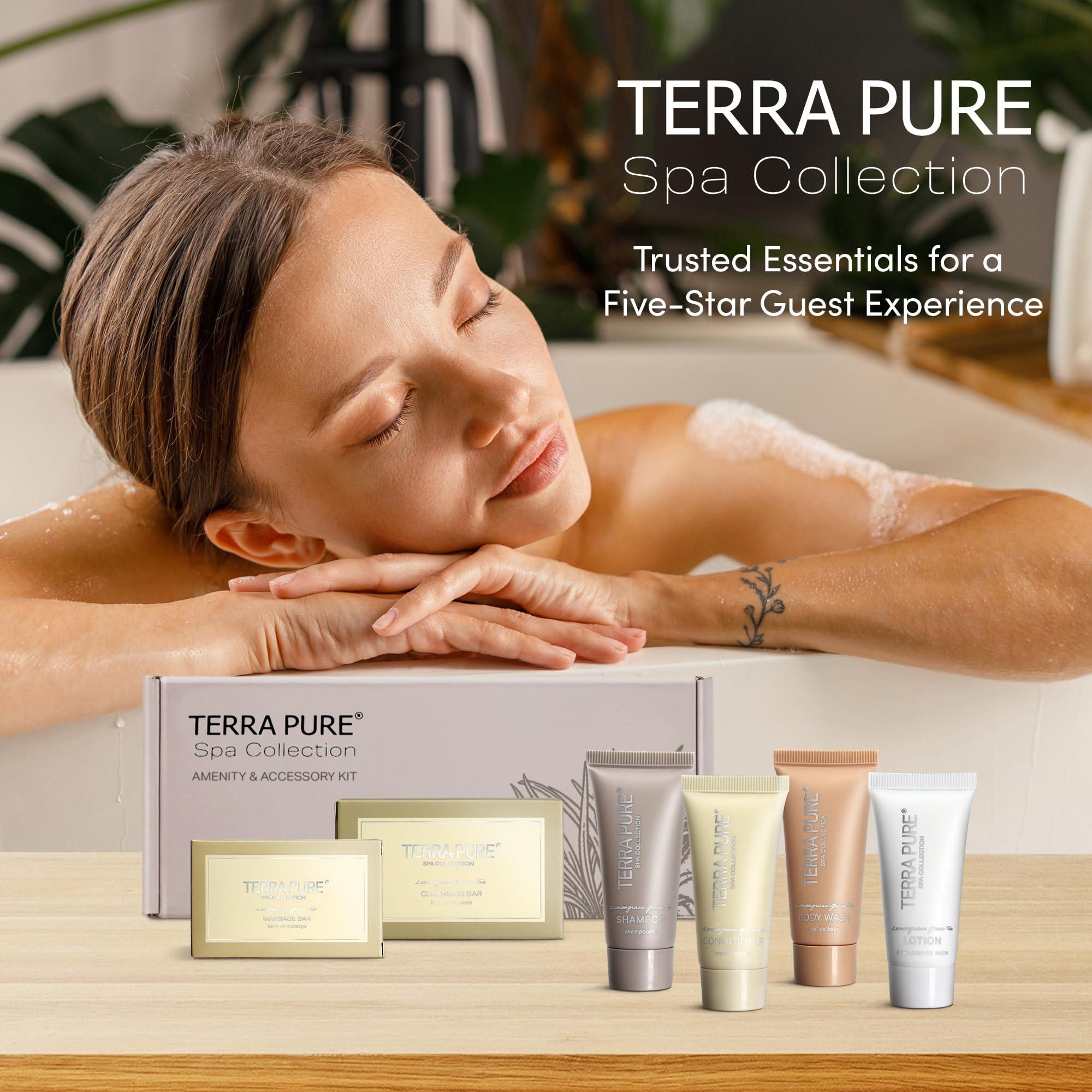 Terra Pure Terra Pure Spa Collection Amenity Kit | Hotel Bulk Toiletries | 0.85 oz Shampoo, Conditioner, Lotion, Body Wash, Massage Bar for Guest Hospitality Vacation Rentals | 1 Set/Case