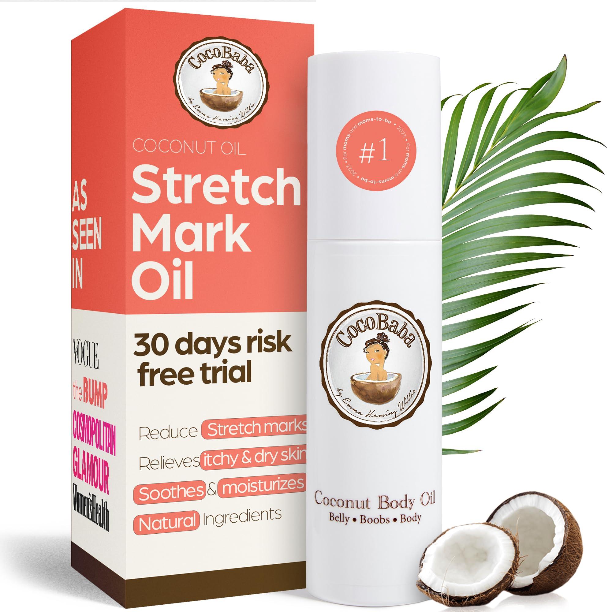 COCOBABA BY EMMA HEMING WILLIS Coconut Stretch Mark Oil (4oz) | Non Greasy | Belly Oil for Pregnancy | Paraben-Free | Pregnancy Stretch Mark Prevention | Stretch Marks Cream | Belly Oil for Pregnancy Prevent Stretch Marks