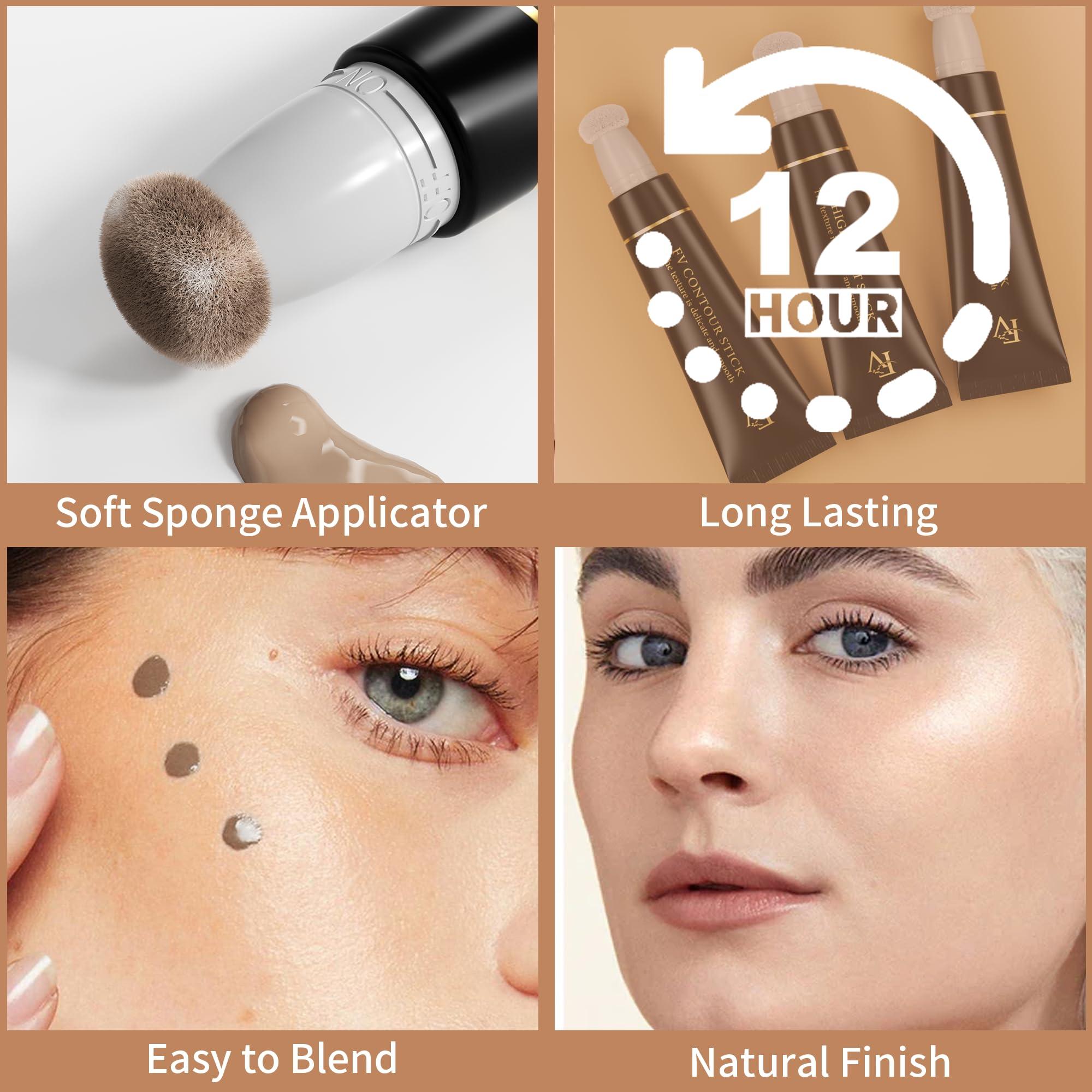 FV FV 2PCS Cool Toned Contour & Liquid Highlighter Stick, Blendable & Natural Finish Cream Contour Makeup Set, Long Lasting Face Illuminator & Shaping Stick, Cruelty-free & Vegan, 02&04