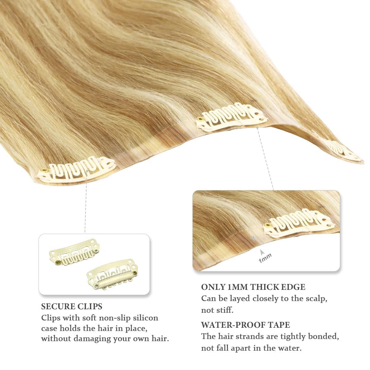 hotbanana HOTBANANA Clip in Hair Extensions 24 inch 160g 7pcs Light Blonde Highlighted Golden Blonde Clip in Remy Human Hair Extensions Straight Hair Invisi Edge Clip Hair Full Head