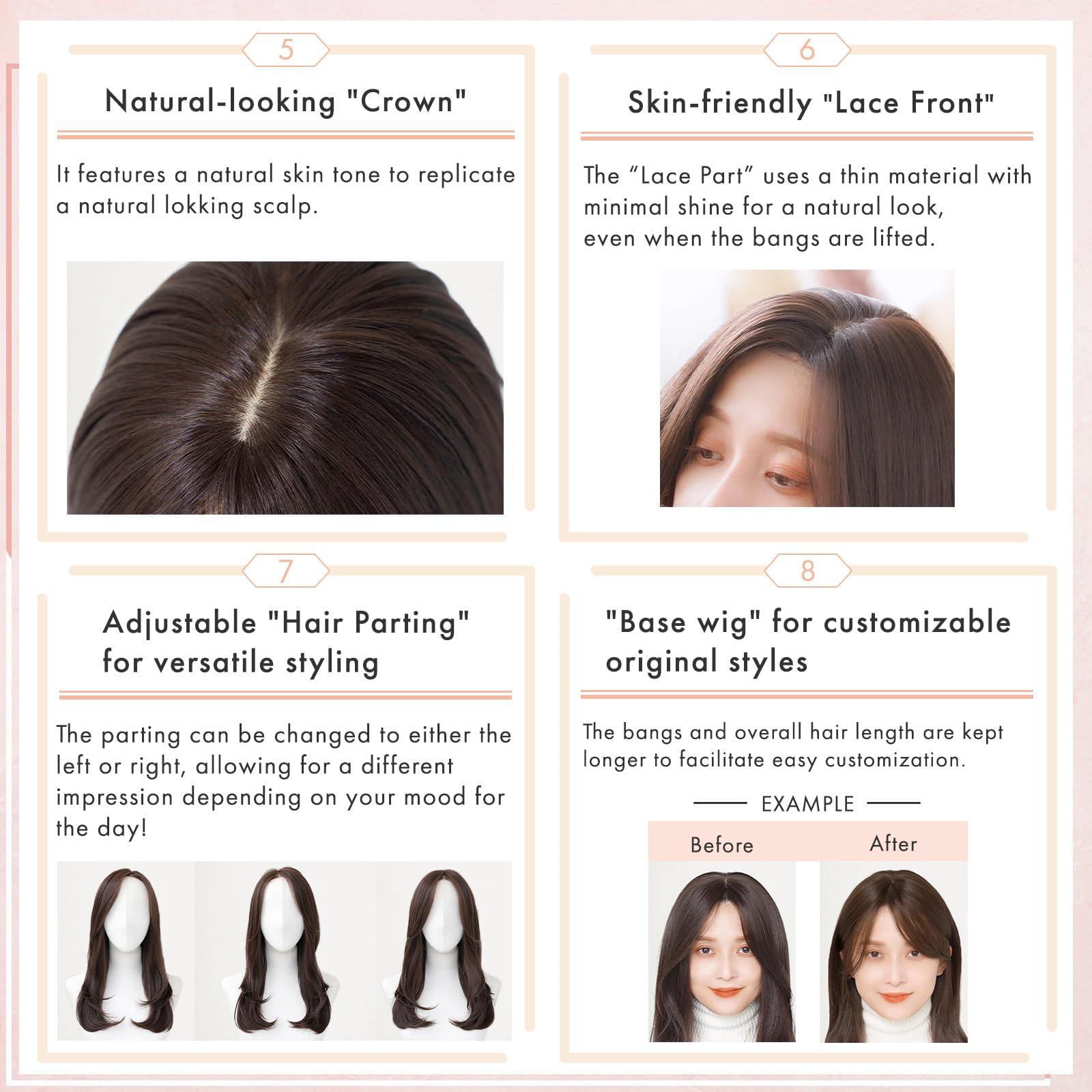 LINEASTORIA LINEASTORIA Medical Chemo wig, Hand Tied LaceFront, Synthetic Hair Wig for Blonde and Asian Women. Using Heat-stylable and Resistant Fiber, Long. Japanese popular medical wig (S, Dark Latte Highlight)