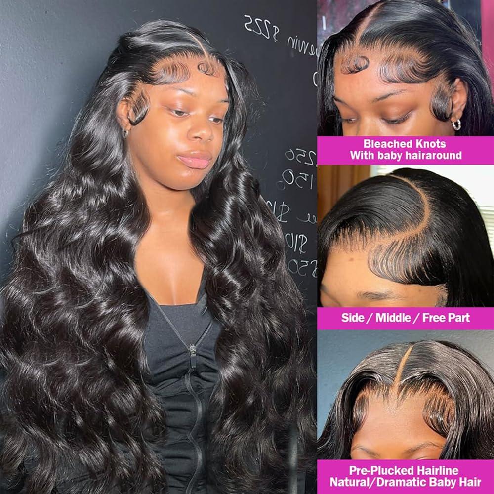 Grace Queen Grace Queen Lace Front Wigs Human Hair 360 Wig Pre Plucked Body Wave HD Transparent Lace Frontal Wigs Human Hair for Women Swiss Lace Wig Virgin Hair Full and Thick 26inch