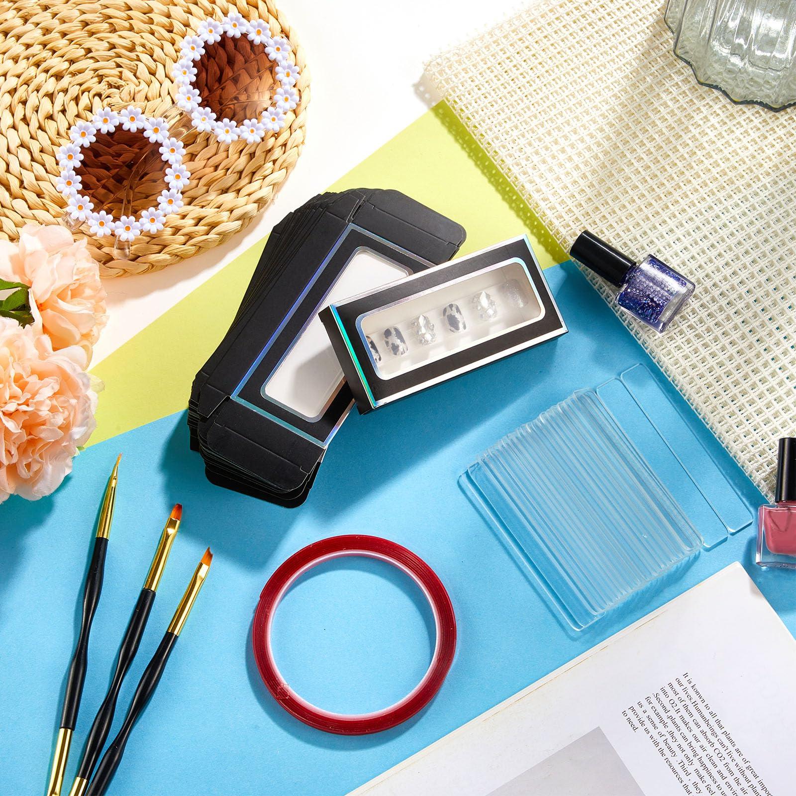 Crtiin Crtiin 60 Pcs Empty Press on Nails Packaging Box Set 30 Clear Glitter Paper Eyelash Storage Box and 30 Acrylic Nail Display Stand Holder with 1 Red Double Sided Tapes for Salon Home Office