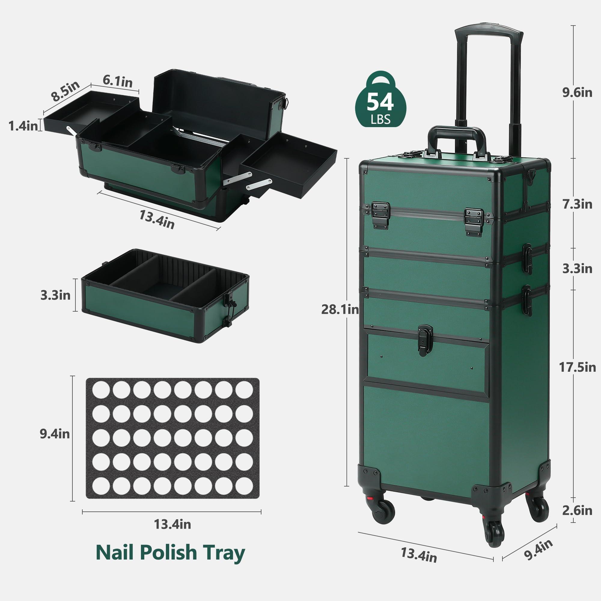 Somduy Somduy Rolling Makeup Case with Drawer, Makeup Train Case, 4 in 1Cosmetology Case on Wheels, Christmas Gift, Large Makeup Case Organizers, Profesional Cosmetic Case for Salon Barber, Green