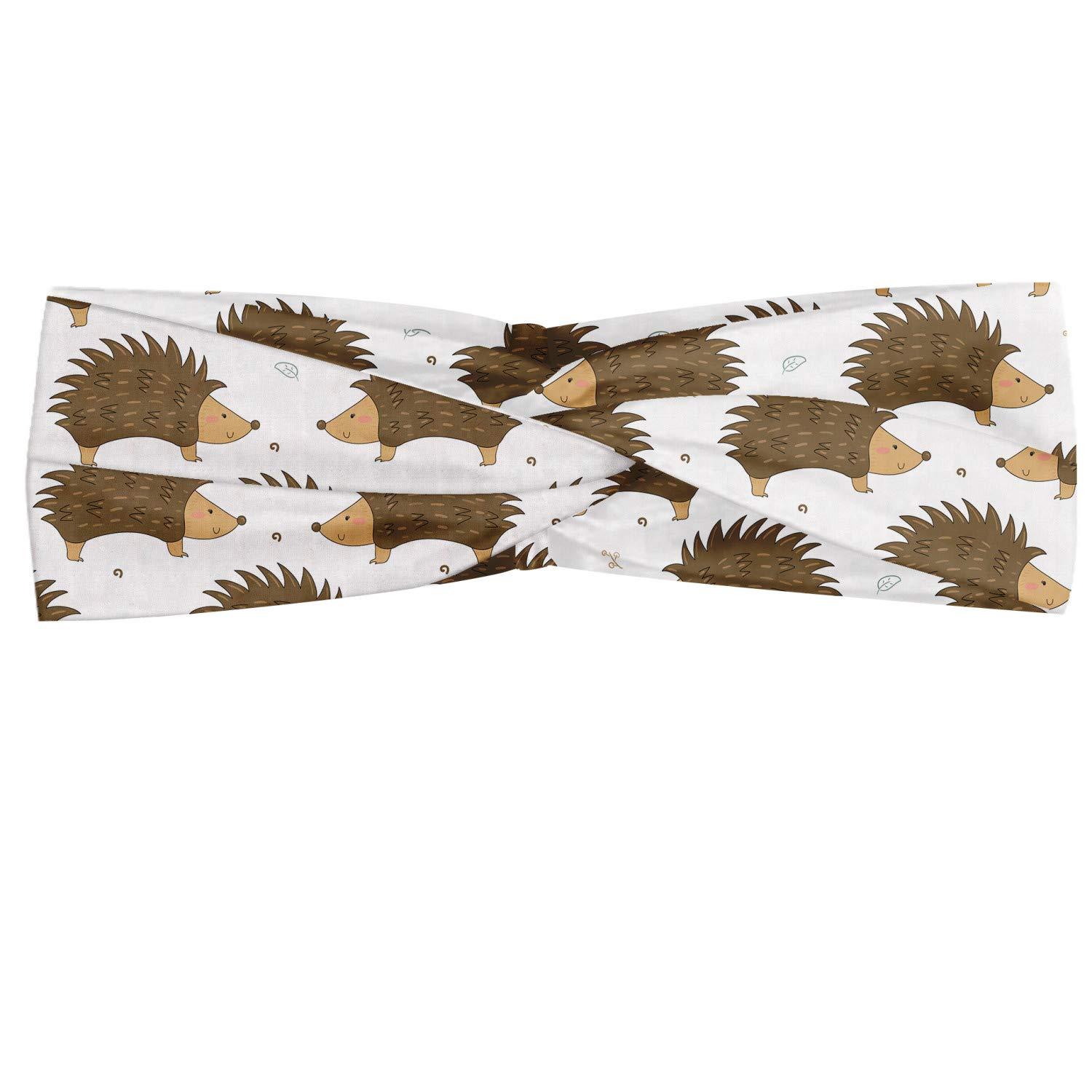Ambesonne Ambesonne Hedgehog Headband for Women, Cartoon Style Porcupine Mascots with Tiny Little Swirls and Leaves, Elastic Comfy Hair Accessory Knotted Head Wrap Everyday Use, XS-S, Caramel Pale Brown White