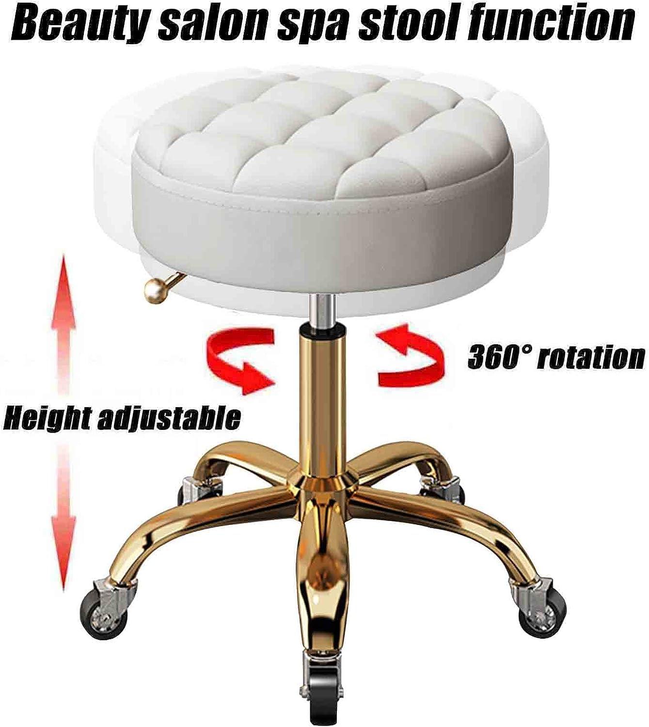 NinthAvenue Basics NinthAvenue Basics Modern Round Rolling Stool, White PU Leather Seat, 360 Swivel, Height Adjustable, 150kg/330lb Capacity