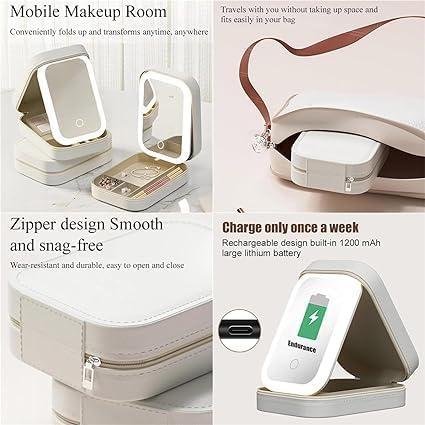 AZUNGME AZUNGME LED Three-Color Adjustable Makeup Mirror, Rechargeable Lighted Makeup Mirror, LED Vanity Mirror Jewelry Box, Portable Cosmetics Case, Travel Makeup Bag with LED Mirror(Green)