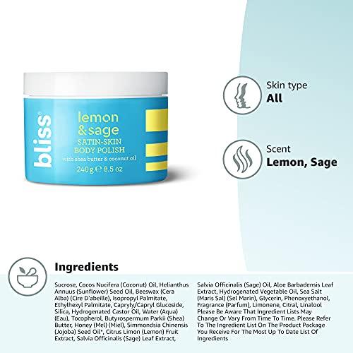 Bliss Bliss Satin-Skin Body Polish - Lemon and Sage - Body Scrub with Shea Butter and Coconut Oil - 8.5 Oz - Smoothing and Balancing Skincare - All Skin Types - Vegan & Cruelty-Free