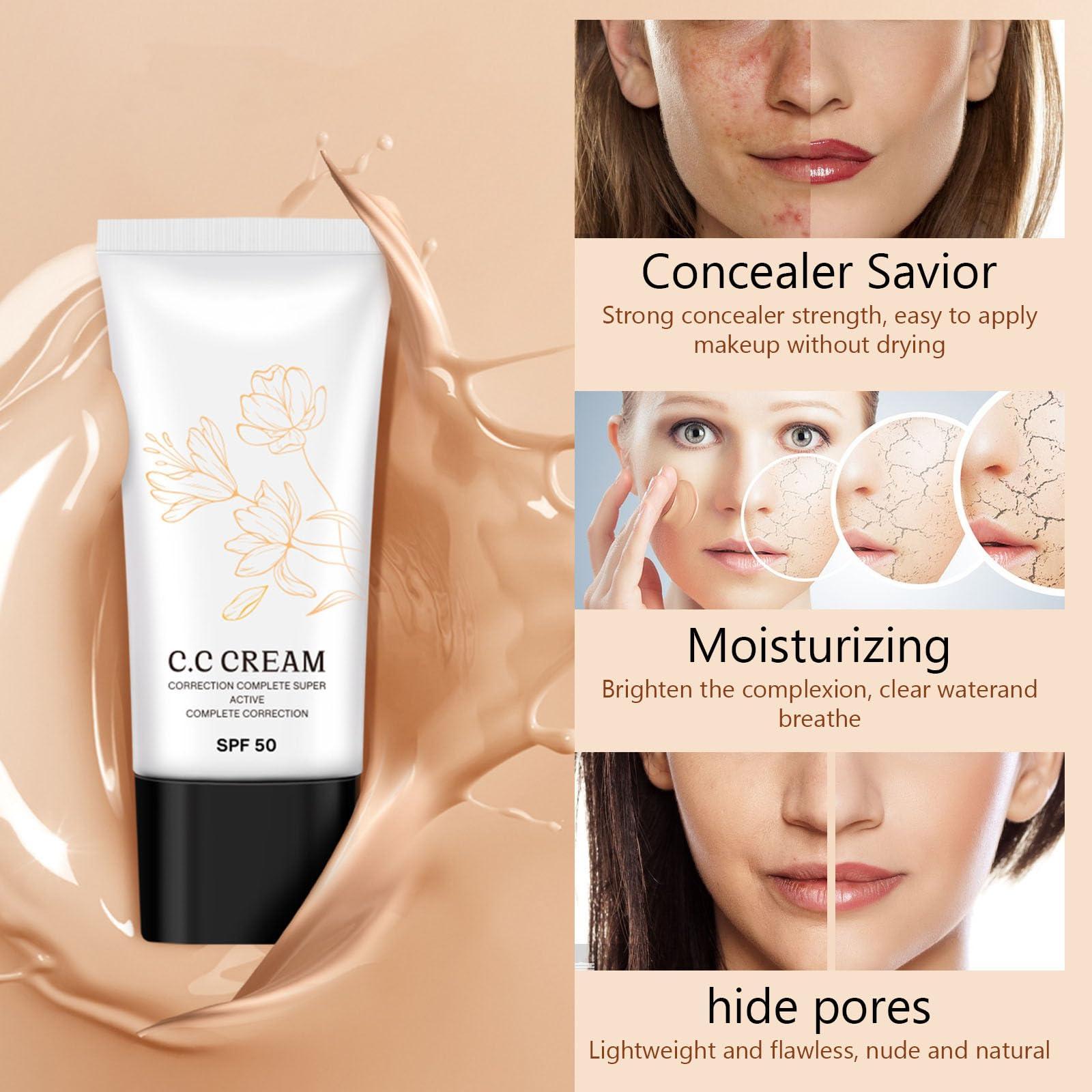 Korean Cc Cream Korean Cc Cream Self Adjusting for Mature Skin, Cc Cream Tinted Moisturizer with Spf 50 Full Coverage, Organic Cc Cream Sunscreen Foundation and Concealer for Face and Body Color Correcting (2PCS)