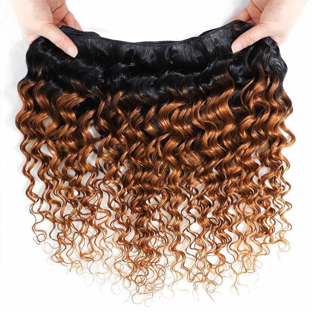 Seeuiegam Ombre 1b30 Deep Wave Human Hair 3 Bundles 24 26 28 Inch Tow Tone Black To Brown Brazilian Remy Hair Grade 8A Human Hair Weaves 3 Bundles Deep Wave Hair Bundles For Women