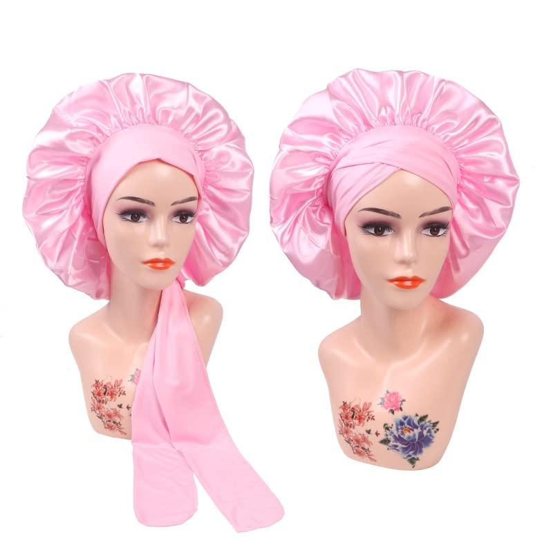 Boyiexin Custom Logo Satin Bonnet Hair Care Bonnet for Sleeping, 20 PCS Silk Bonnet Hair Wrap Cap with Ribbon Tie Band for Women (Light Pink)