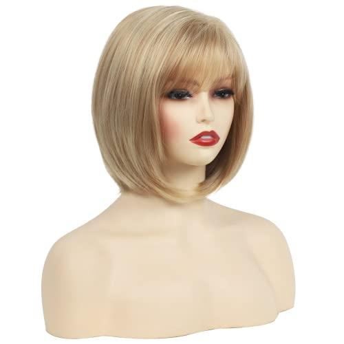 RENERSHOW RENERSHOW Short Blonde Pixie Bob Wig with Bangs Mixed Blonde Wigs for White Women Straight Hair Synthetic Wigs for Daily Party