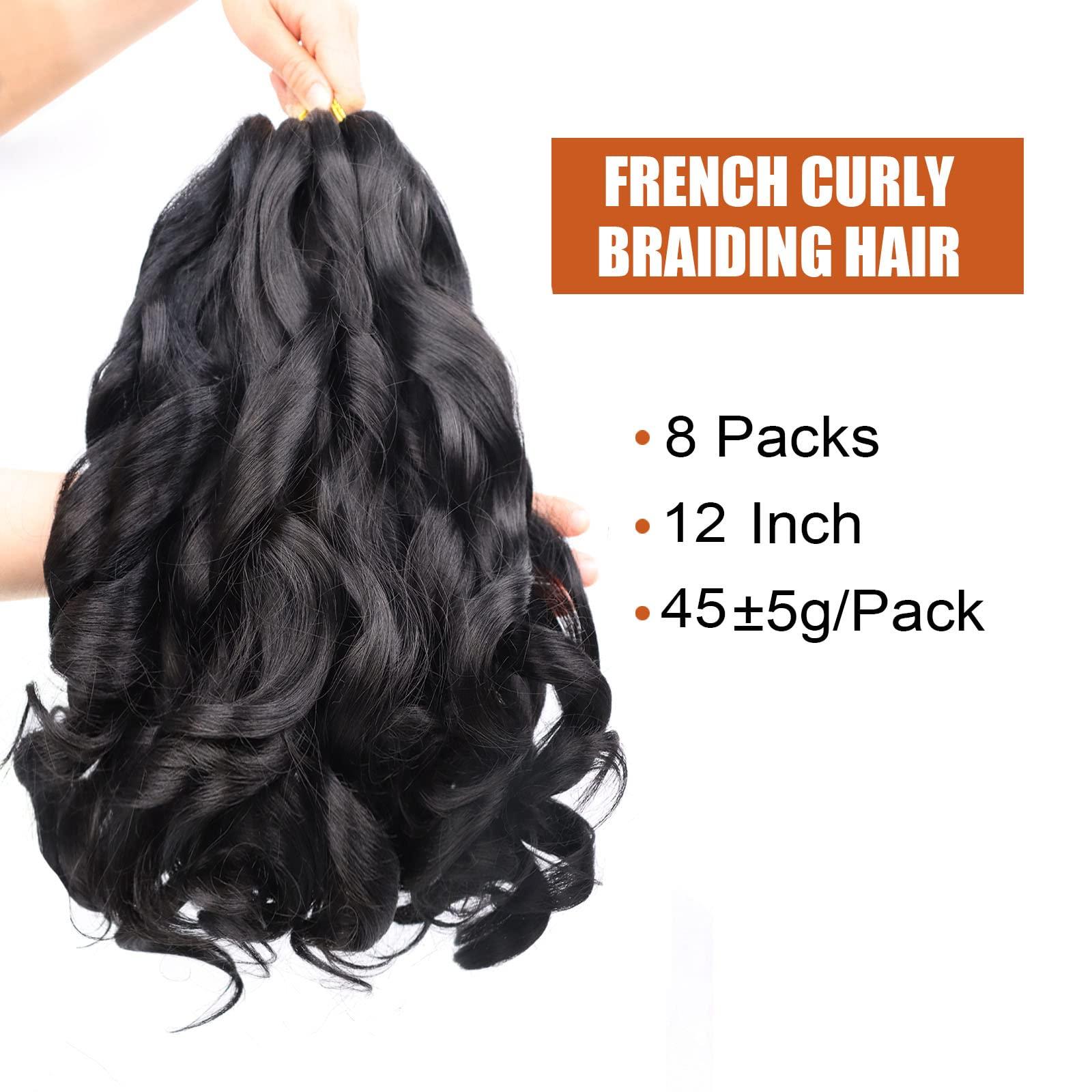 Lianzi French Curly Braiding Hair 12 Inch 8 Packs Curly Braiding Hair Pre Stretched French Curls Braiding Hair French Curl Crochet Braids Spiral Curl Braiding Hair Extensions(12 Inch/Pack of 8, 1B)