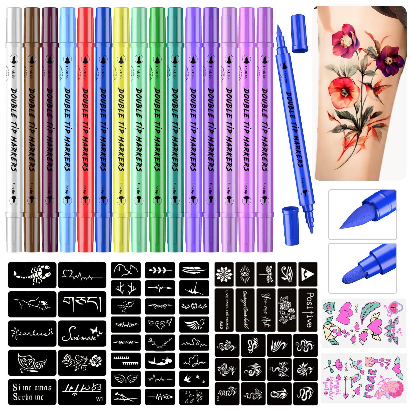 PFARRER PFARRER Temporary Tattoo Markers for Skin, 15 Body Markers + 56 Large Tattoo Stencils & 2 sheets Glow Stickers for Kids and Adults, Dual-End Tattoo Pens with Bold and Fine Lines safty inkZYH2310001KIT