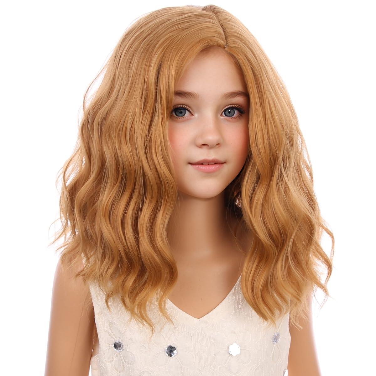 PATTNIUM PATTNIUM Strawberry Blonde Wig for Kids Child Short Curly Wavy Blonde Brown Wig Girl Side Part Shoulder Length Hair Synhhetic Wig