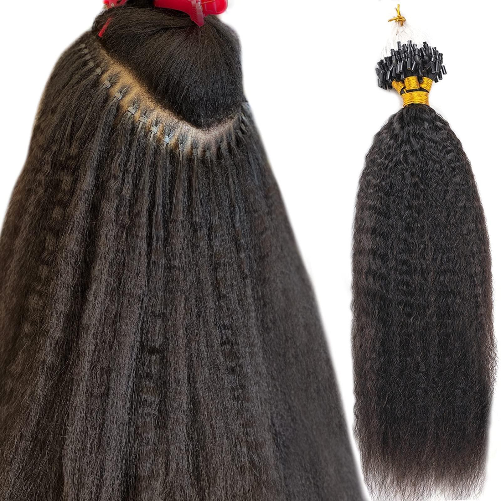 N NIAWIGS Kinky Straight Micro Link Extensions Hair Human Hair Niawigs Micro Links Hair Extensions for Black Women 100 Strands Micro Loop Human Hair Extensions 12 Inches 70G Natural Black