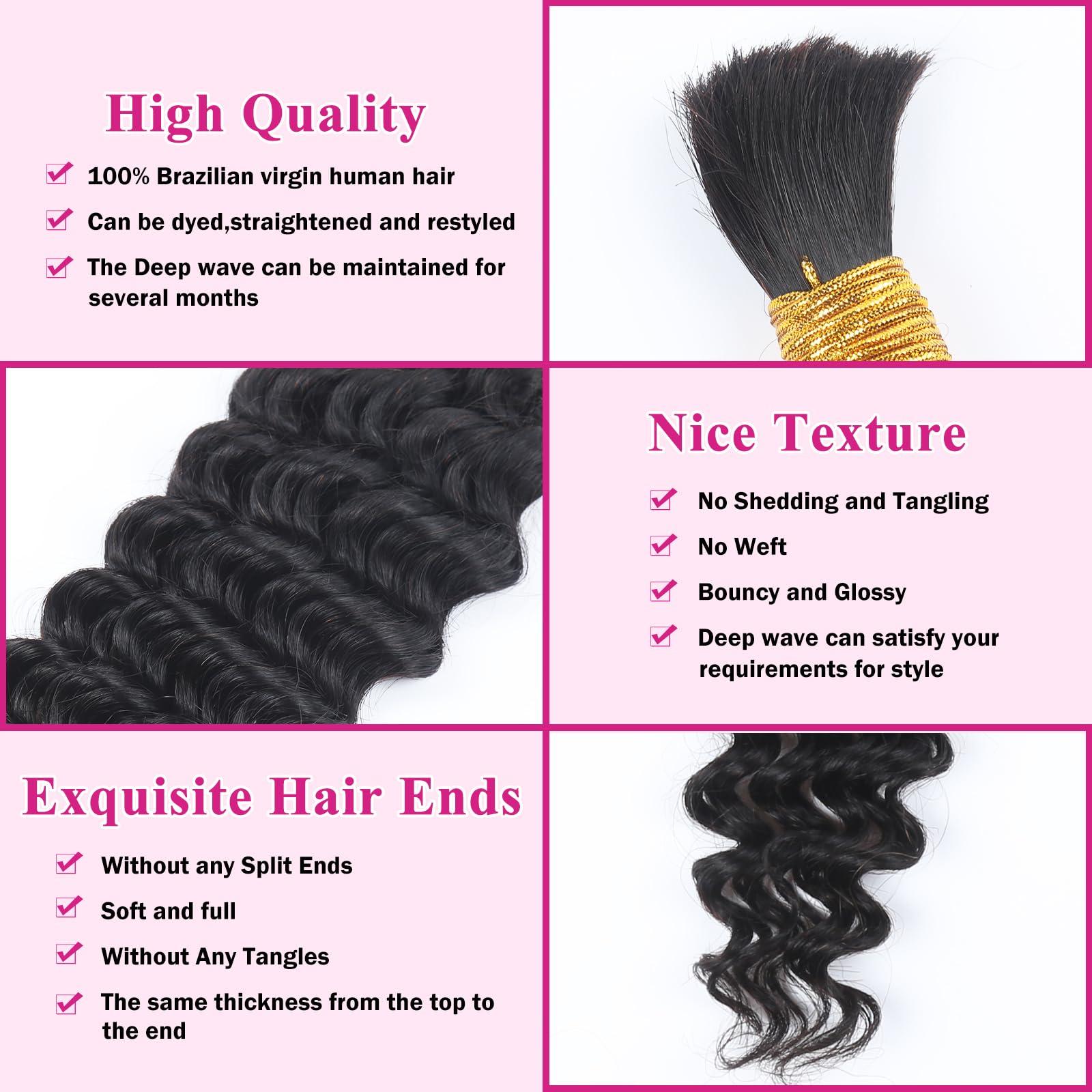 RESACA RESACA Deep Wave Bulk Human Hair for Braiding 22 Inch 2 Bundles 100% Unprocessed Brazilian Virgin Human Hair Extensions Micro Braiding Human Hair 100g (1B)