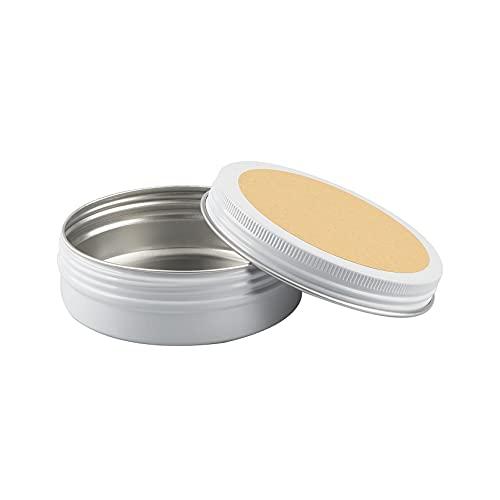 Dlibuy DLIBUY 50 Pcs 100ml 100g Empty Round White Aluminum Tin Jars with Screw Lids Cosmetics Lip Balm Containers Pots for DIY Candle Salve Powder Crafts Storage Cans 3x Alu Spoon, 50x Ø 7cm Labels