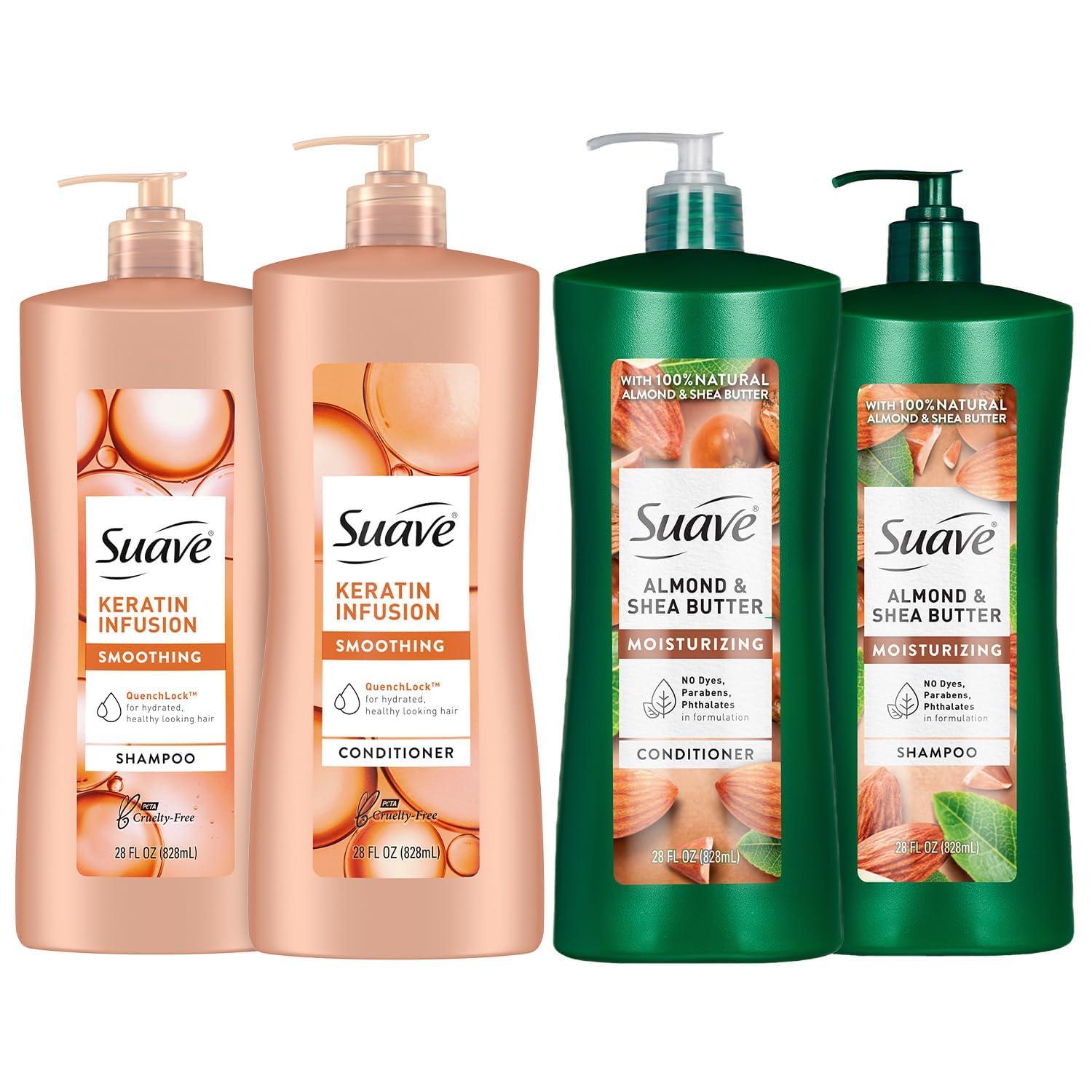 Suave Suave Shampoo and Conditioner Set, Keratin Infusion + Almond & Shea Butter Frizz Control and Moisturizing Hair Care Bundle, 28 Oz Ea (4 Piece Set)