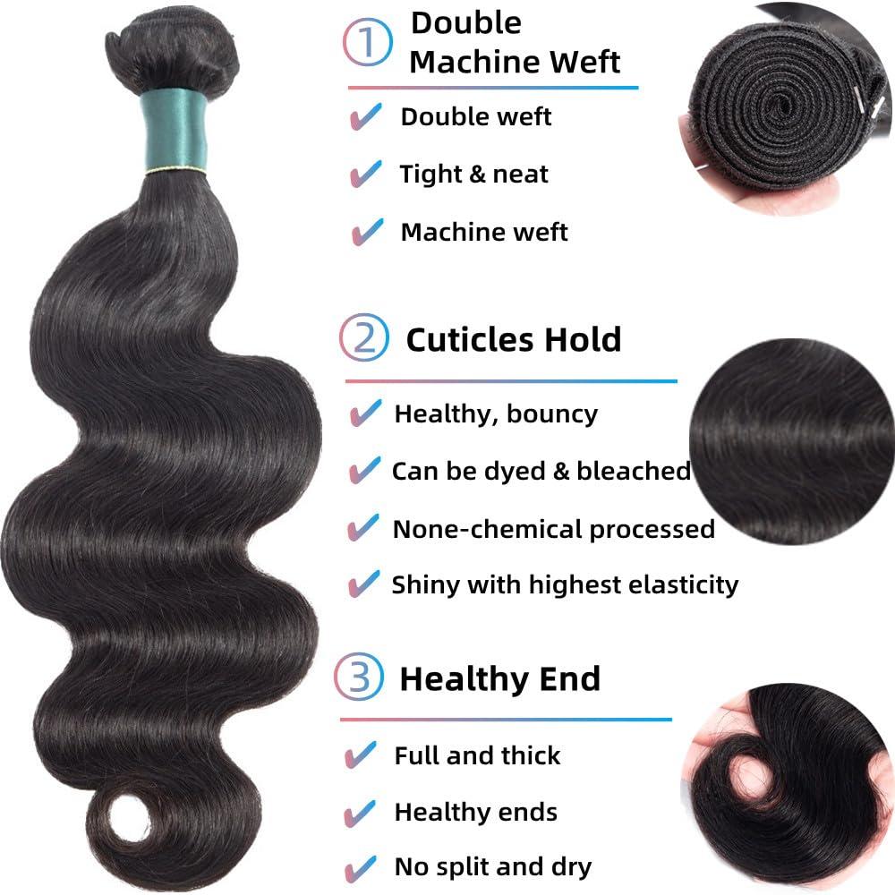 Superfect Superfect Human Hair Bundles 12 14 16 Inch Body Wave Bundles Human Hair 12A 100% Unprocessed Brazilian Virgin Hair Weave 3 Bundles Deals Human Hair Natural Black (12 14 16, Body 3Bundles)