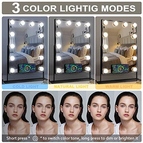 Hansong Hansong Vanity Mirror with Lights and Wireless Charging Hollywood Mirror with Lights and Phone Holder 12 LED Bulb Music Speaker Makeup Mirror with Lights 3 Color Lighting Modes Black