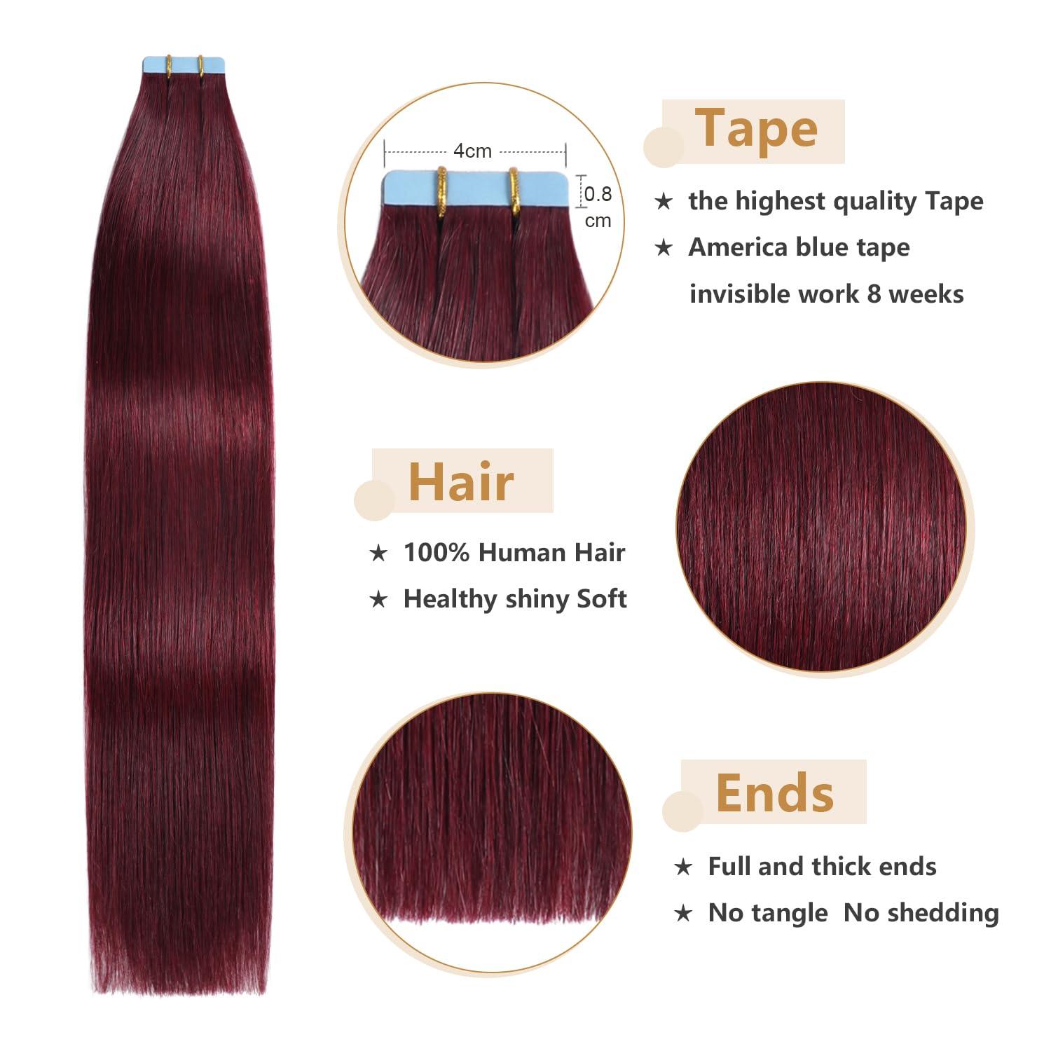 YILITE YILITE Burgundy Tape in Hair Extensions Human Hair,24inch 50g 20Pcs Red Tape in Hair Extensions Remy Human Hair,Seamless Skin Weft 99J Tape ins(24inch 99J)