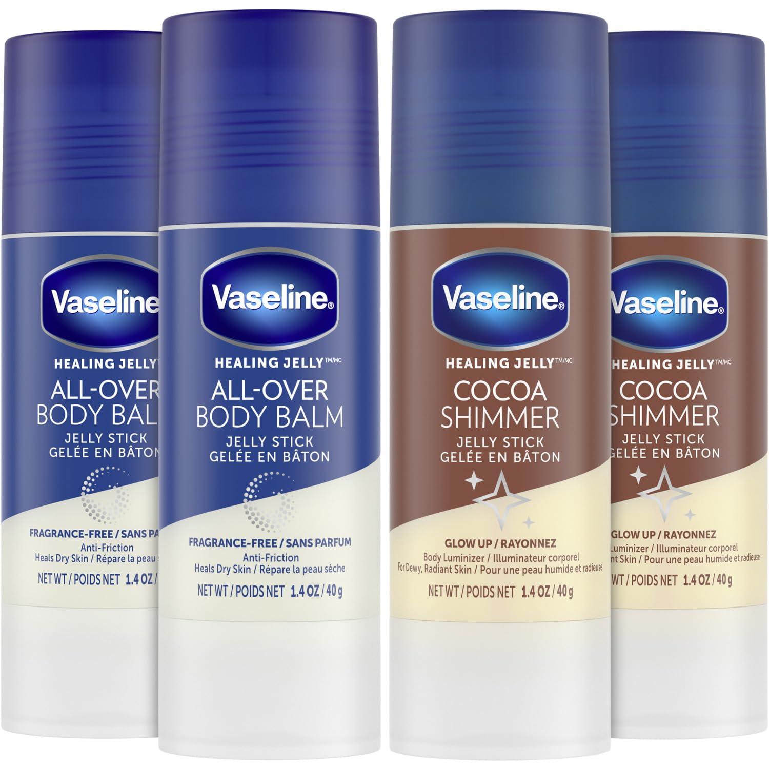 Vaseline Vaseline Lotion Bundle, Cocoa Shimmer Jelly Stick Highlighter & Luminizer + All Over Body Balm Stick, Vaseline Cocoa Butter, Body Balm Skin Care Set, Petroleum Jelly for Dry Skin (4 Piece Set)