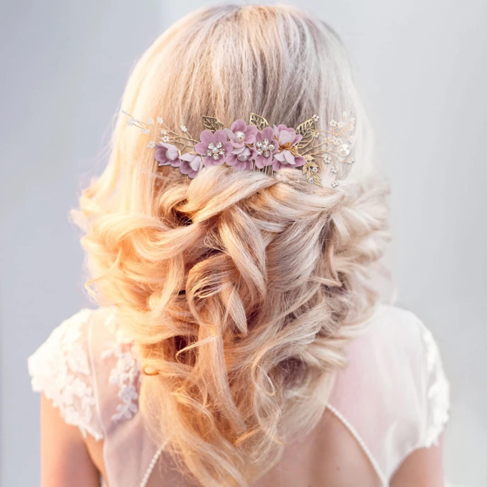 Luxshiny Luxshiny Gold Decor Bridal Hair Comb Hair Side Comb, Bride Wedding Hair Comb Pearl Hair Piece for Wedding Banquet Party (Purple) Bridesmaid Hair Accessories Retro Decor