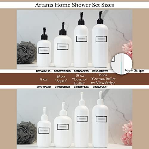 Artanis Home Artanis Home Silkscreened Empty Shower Bottle Set for Shampoo, Conditioner, and Body Wash, Squat 16 oz 3-Pack, White