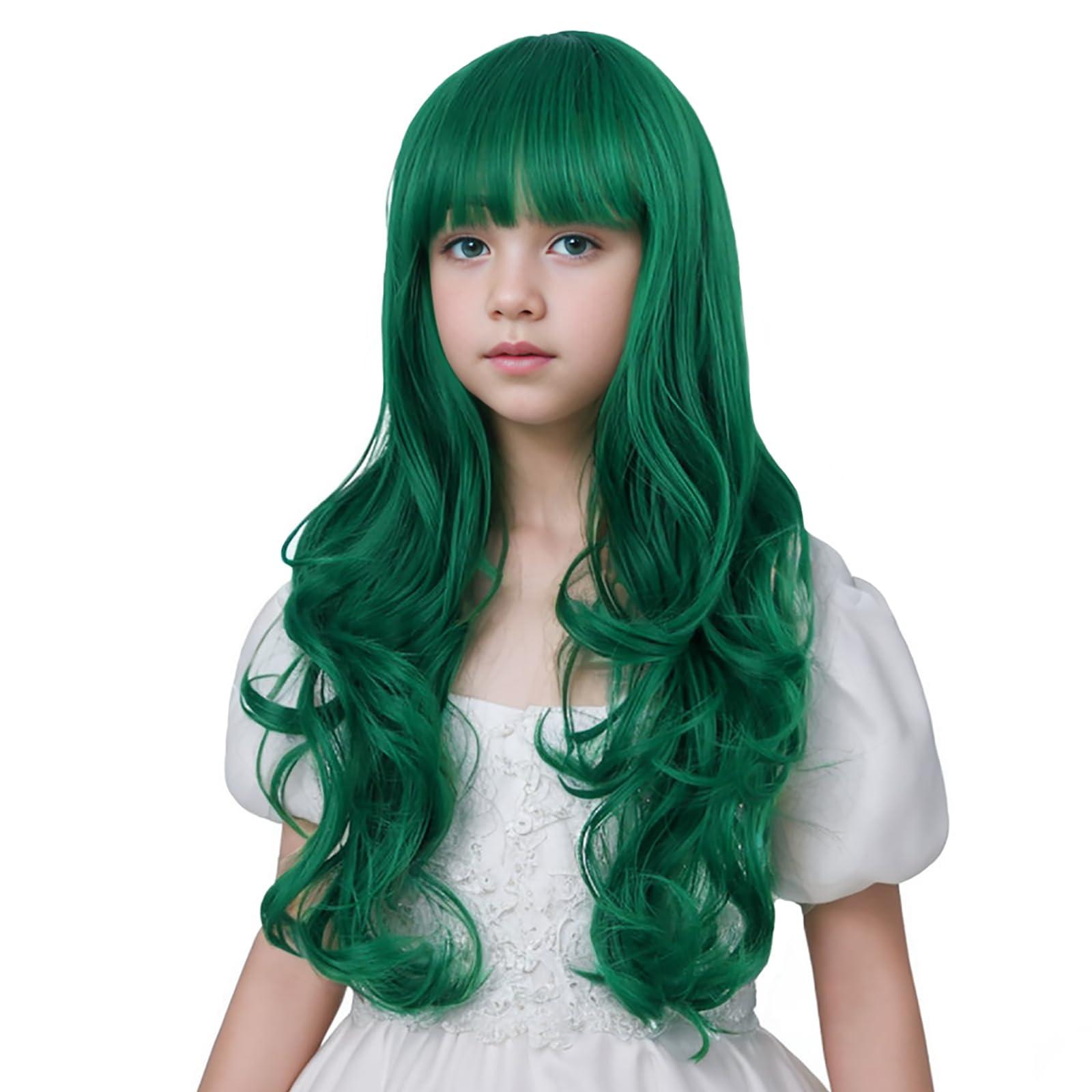 Edivd Edivd Kids Dark Green Wig Long Green Wig with Flat Bangs for Child Long Dark Green Wavy Curly Wig for Girls Heat Resistant Synthetic Wig with Wig Cap