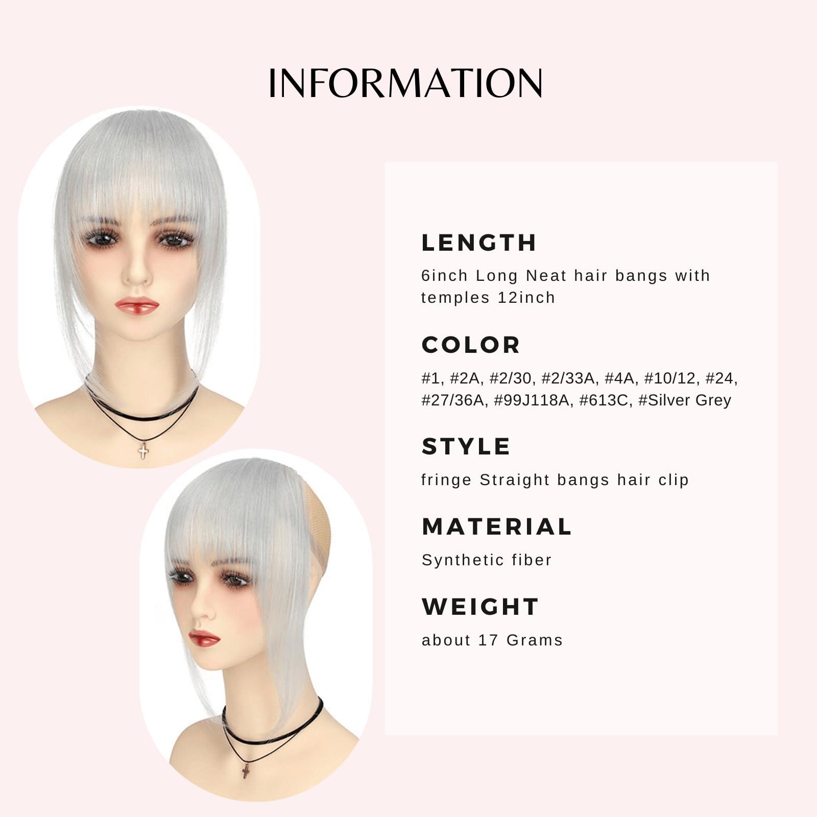 VAVANGA VAVANGA French Hair Bangs Clip on, Silver Grey Long Wispy Bangs Hair Clip with Temples Natural Fringe Neat Bangs Hair Clip Hair Piece Long Bangs Clip in Hair Extensions for Women(Silver Grey)