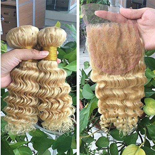 Ruma Hair Ruma Hair Blonde Deep Wave Peruvian Virgin Hair 3 Bundles With Closure Bleached Knots 4Pcs Lot Pure Color #613 Bleached Blonde Deep Curly Human Hair Weave With 4x4 Lace Closure (22 with 22 24 26)