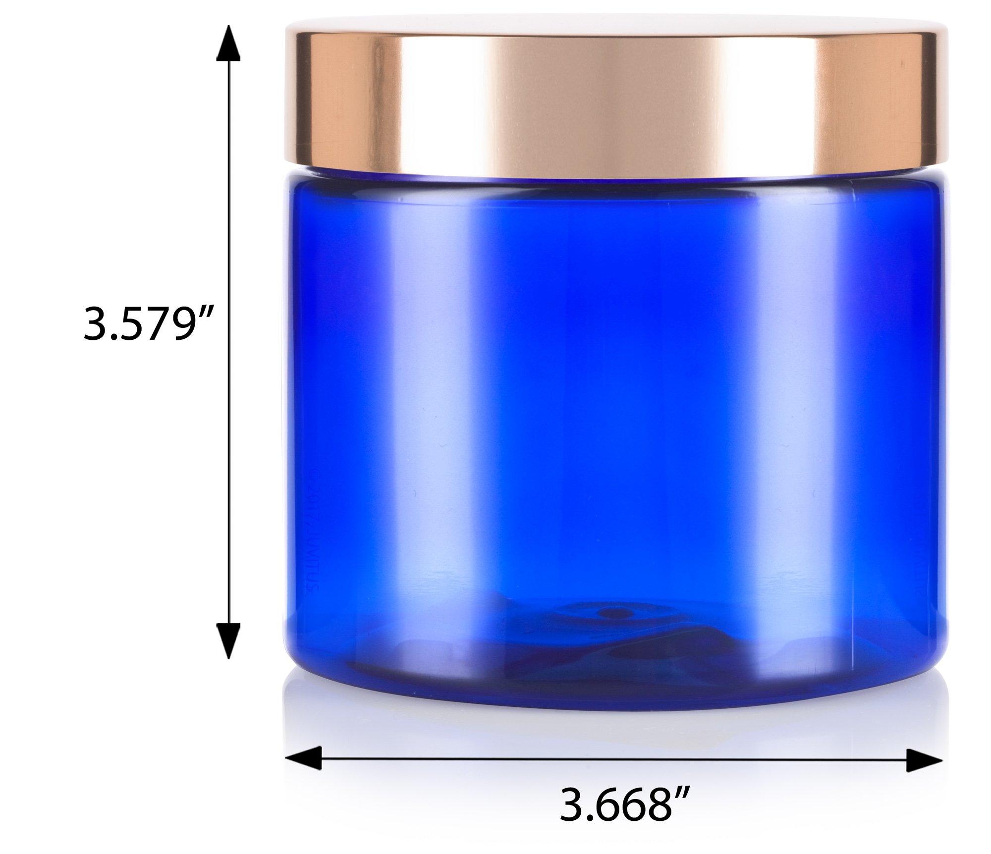 JUVITUS 16 oz Cobalt Blue PET Plastic Jar with Gold Metal Overshell Lid (6 Pack)
