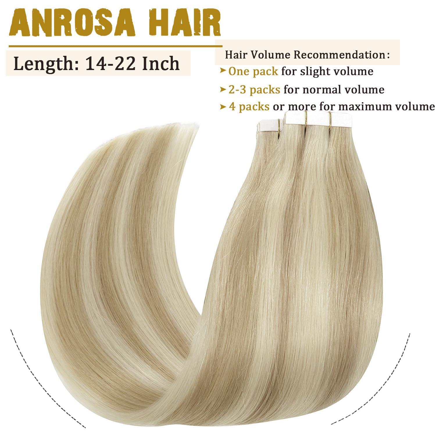 Anrosa 22 Inch Tape in Hair Extensions Human Hair Silky Blonde Human Hair Extensions Double Sided Tape Extensions Human Hair Semless Ash Blonde Highlighted Bleach Blonde 50g/20pcs