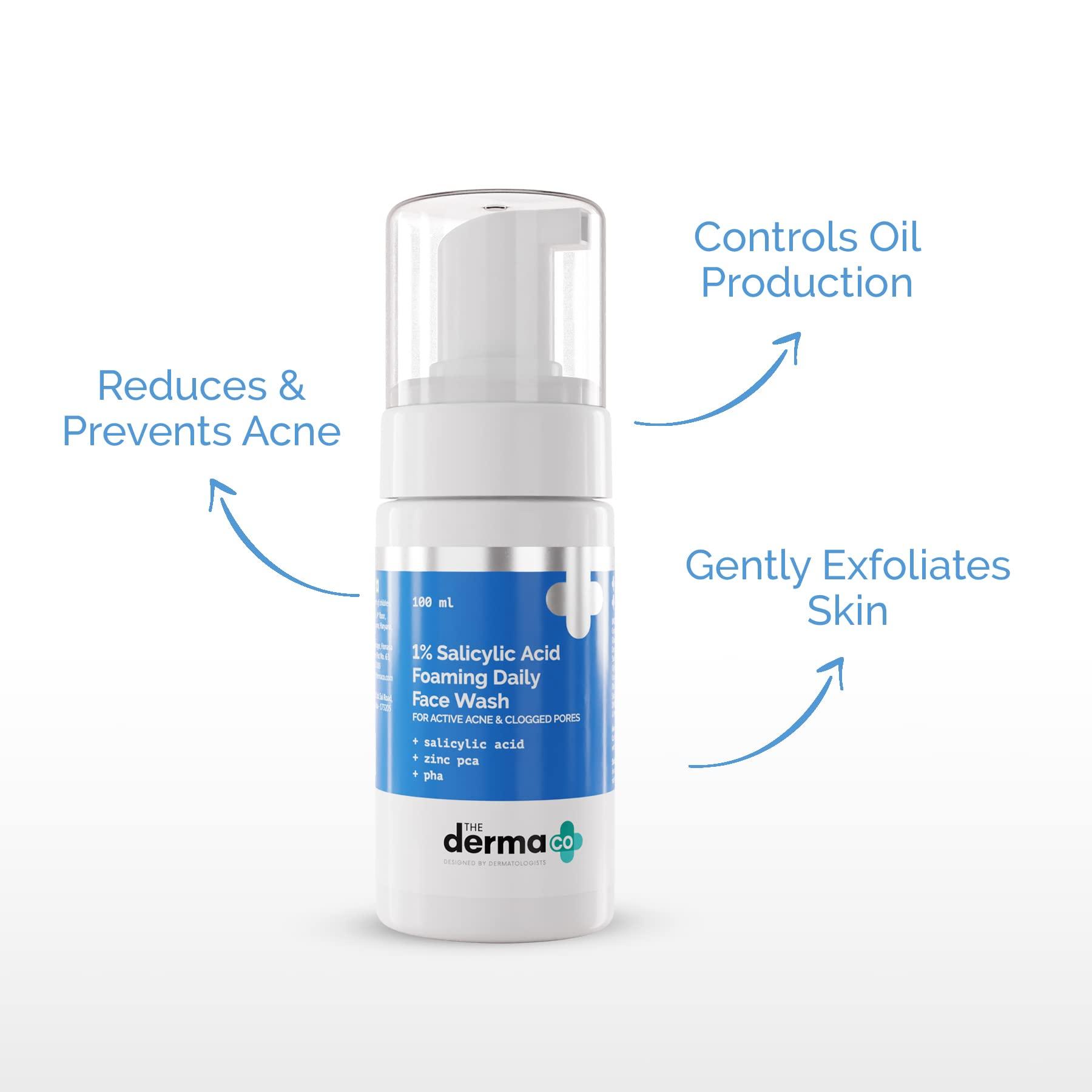 The Derma Co The Derma Co 1% Salicylic Acid Foaming Face Wash for Active Acne & Clogged Pores | Gently Cleanses & Exfoliates | Fights Acne | Suits Oily, Acne Prone Skin | 3.38 Fl Oz/100ml