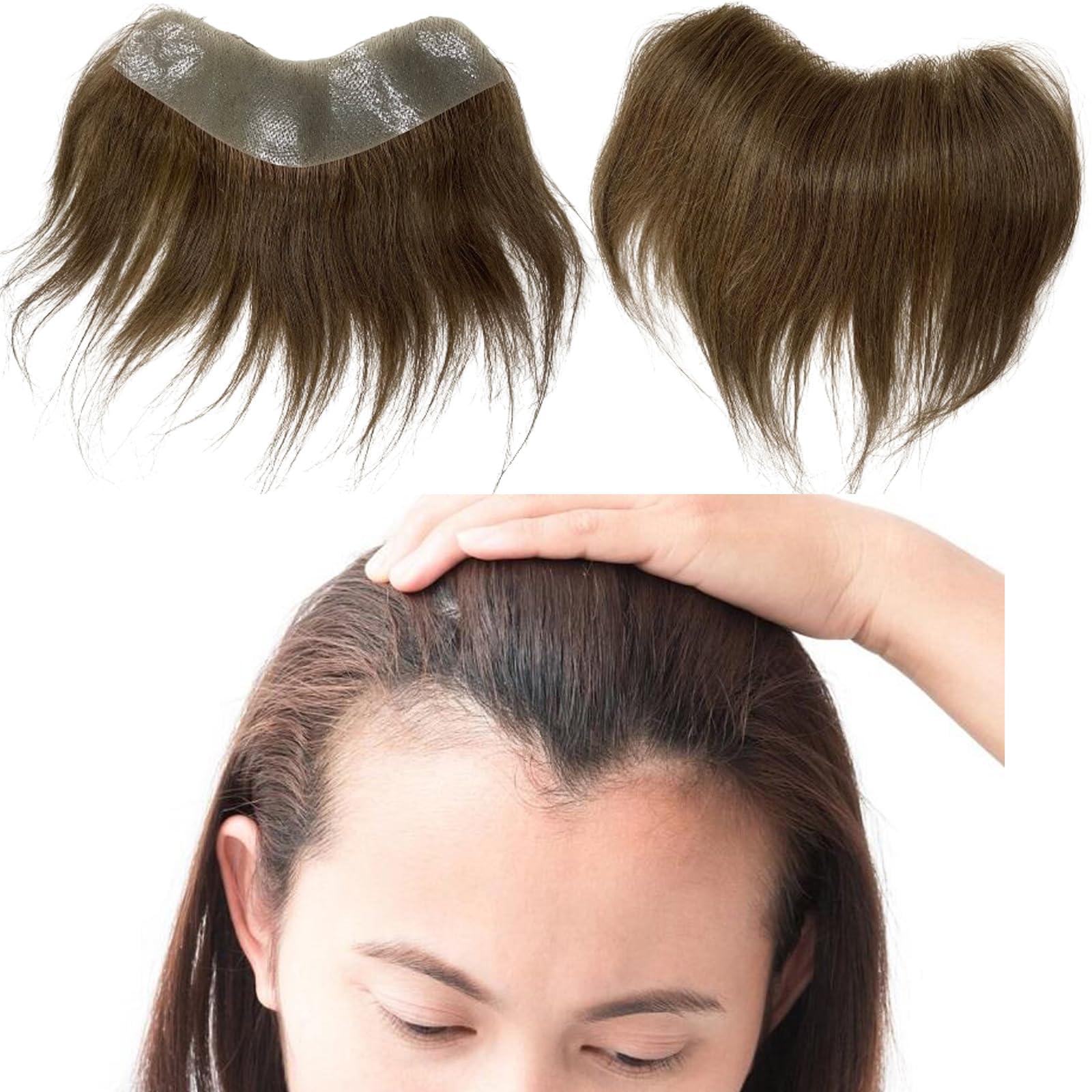 Voloria Voloria Frontal Hairpiece for Women Human Hair Extensions Forehead Hairline PU Skin Toppers Hair Replacement Toupee (1.18x6.69 Inch, 7 Light Brown Color)