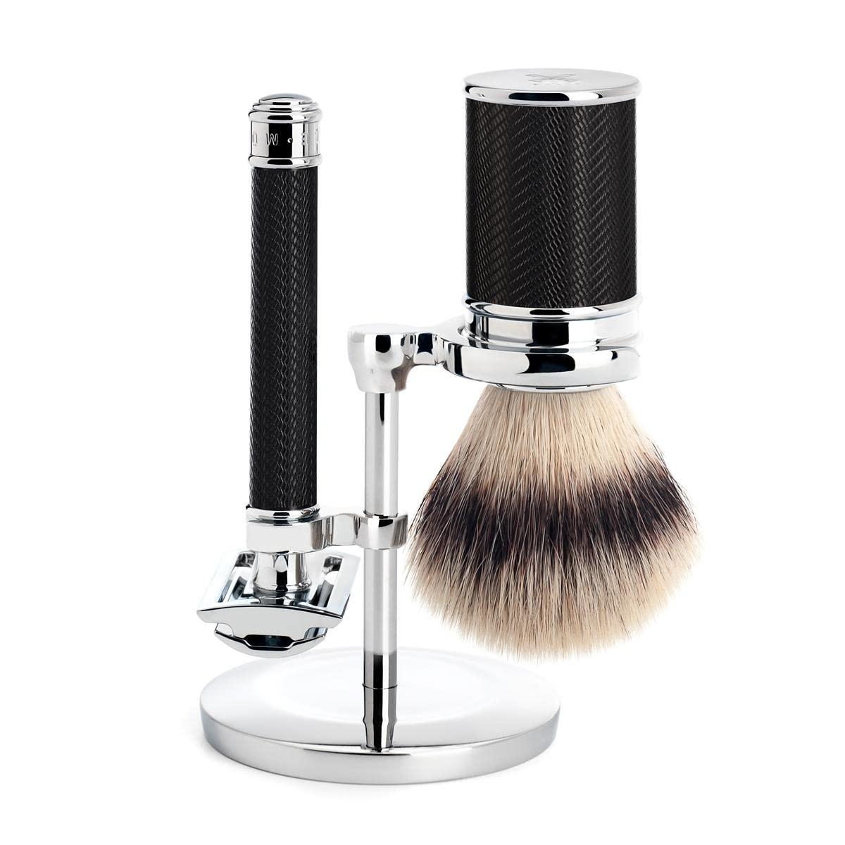 M MÜHLE MÜHLE Black/Chrome Silvertip Fiber Safety Razor (Closed Comb) Shaving Set - Perfect for Every Day Use, Barbershop Quality Close Smooth Shave