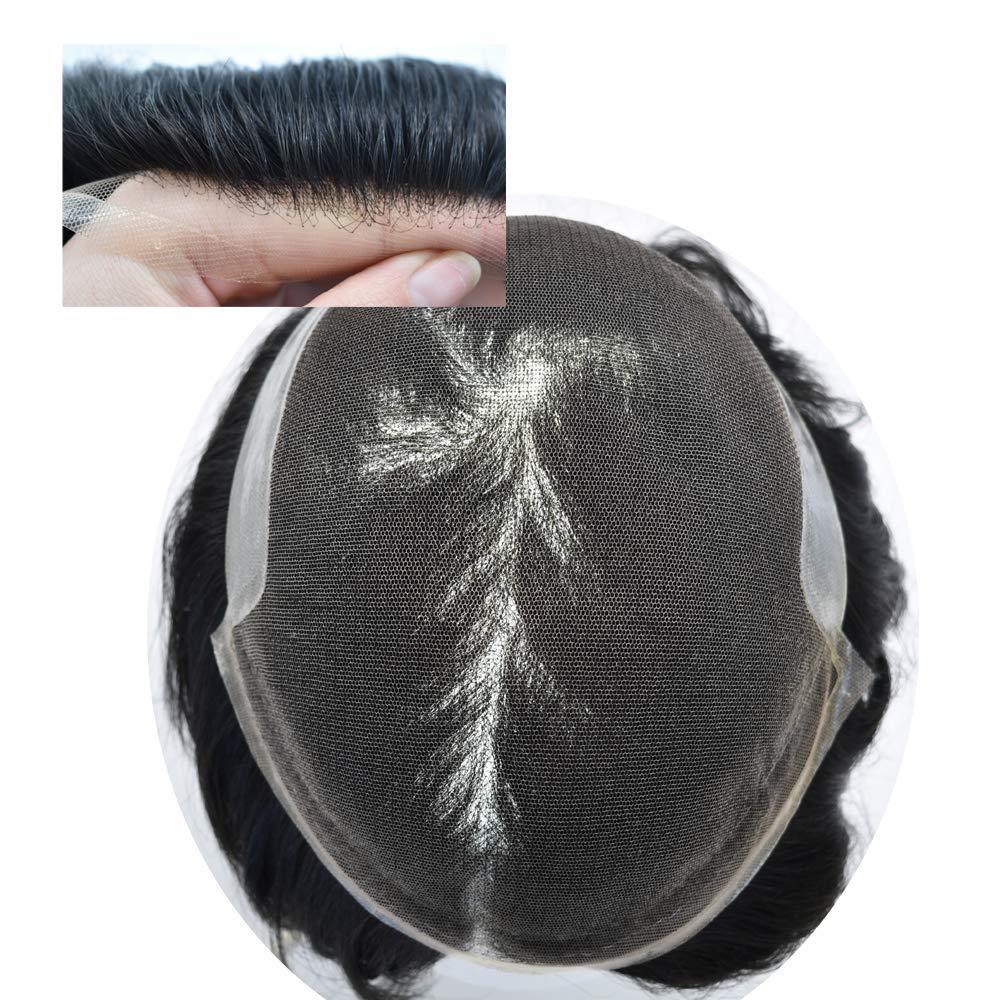 Hair Wonders Hair Wonders Swiss Lace Hair System Toupee for Men Hairpiece Soft Lace Front Mens Toupee Human Hair Pieces Bleached Knot Natural Hairline1B# OFF BLACK-120% density6x9