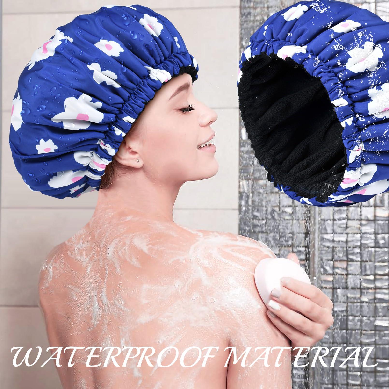 Aileam Shower Cap for Women Terry Lined Bath Cap Large Reusable Waterproof Elastic Band Blue Shower Caps for Long Thick Hair Soft Bath Shower Hair Caps
