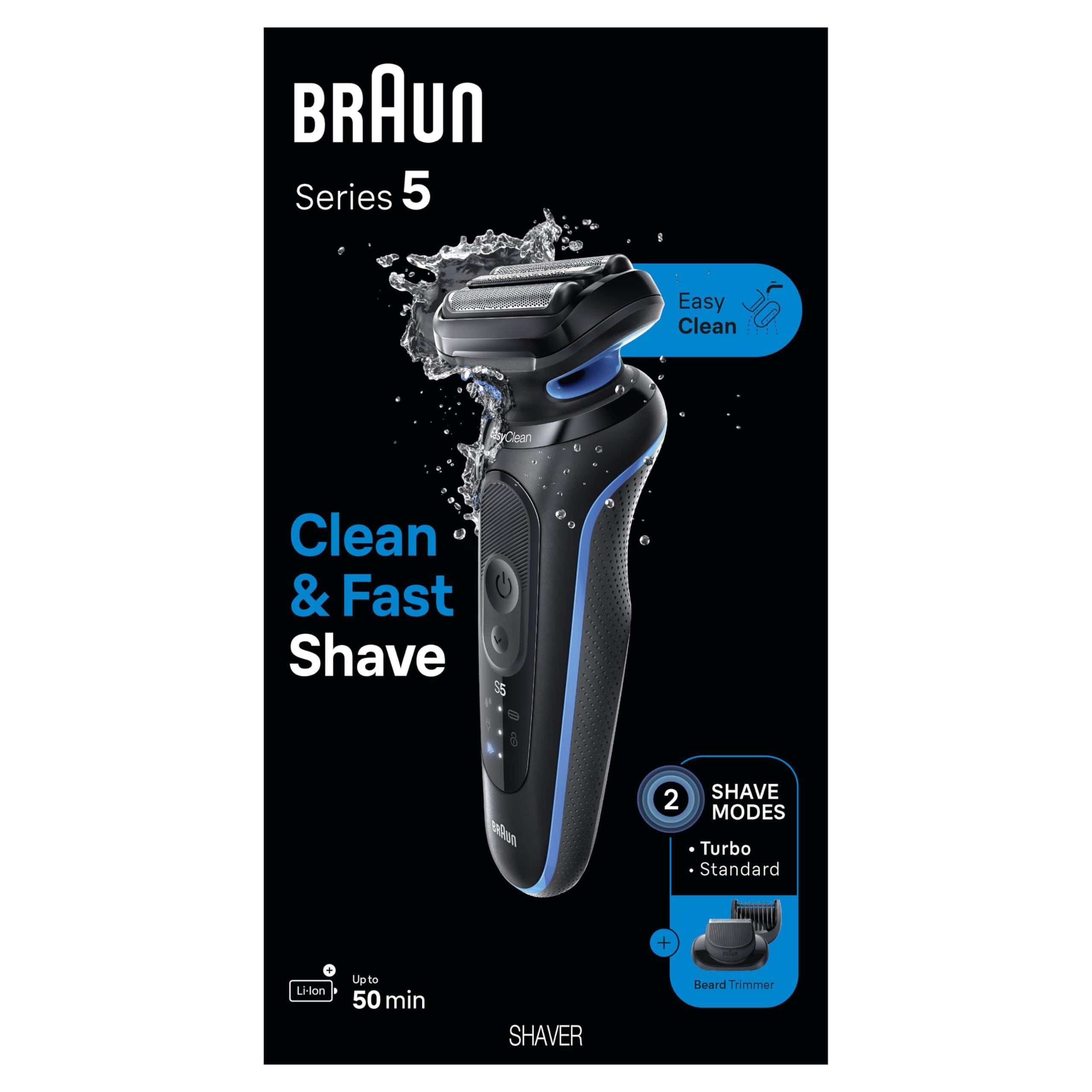 Braun Braun Electric Shaver for Men, Series 5 5120s, Wet & Dry Shave, Turbo Shaving Mode, Foil Shaver, Engineered in Germany, with Beard Trimmer & Attachments, Blue