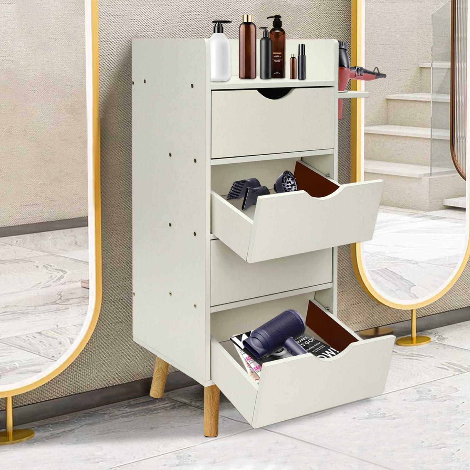 OUKANING 4 Layers Salon Storage Cabinet, Beauty Barber Salon Styling Station Organizer Equipment,Hair Stylist Station Set with 2 Hair Dryer Holders, 4 Drawers, Salon Storage Cabinet for Hair Stylist, White