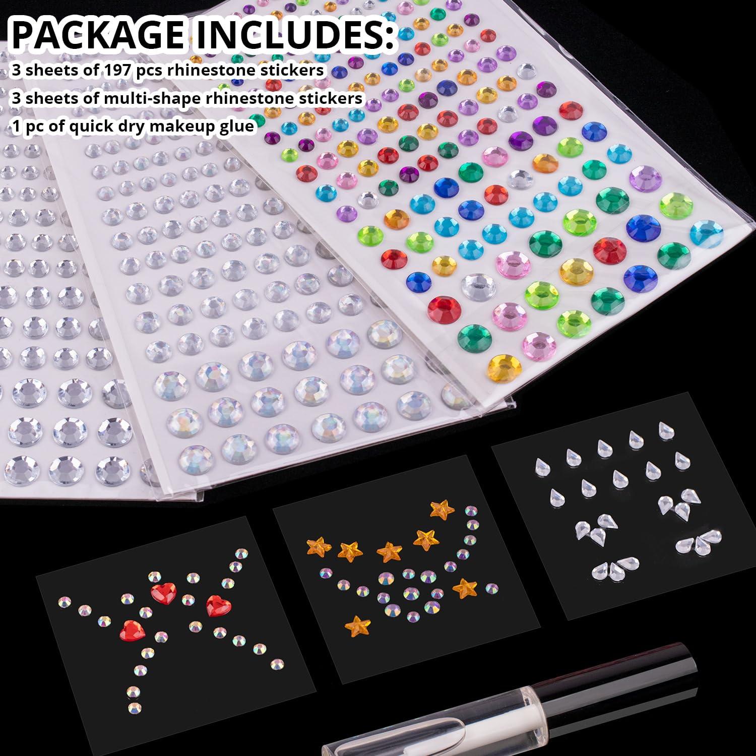 BELLEBOOST 6 Sheets Face Gem Stickers Set 2, Rainbow Mixed Shape Crystal Self Adhesive Rhinestones Face Jewels Stick on, with Makeup Glue for Makeup Eyes Face Hair Nails Body, Crafts and Decorations
