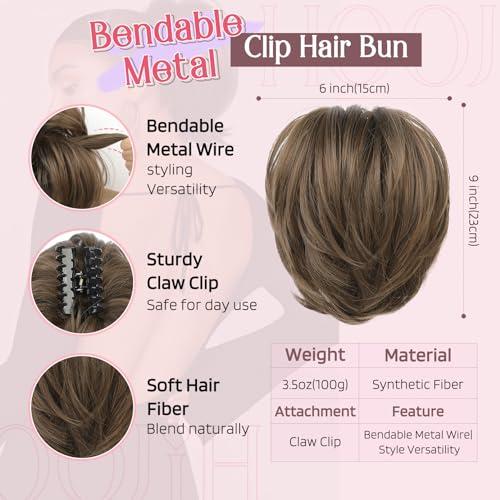 HOOJIH HOOJIH Messy Bun Hair Piece, Claw Clip in Straight Hair Bun 9 Inch Short Ponytail Extension with Bendable Metal Wire Hair Pieces for Women Fake Hair Bun DIY Styles - Ginger Medium Brown