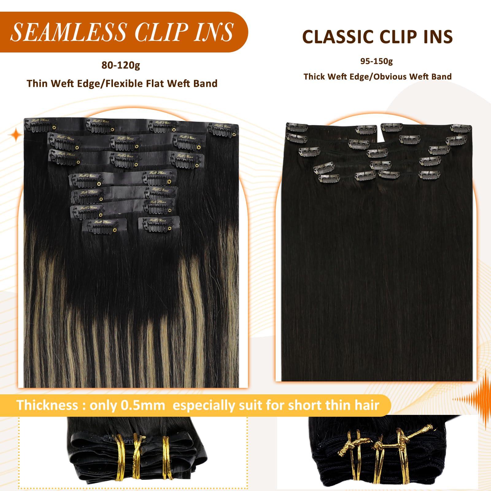 Full Shine Full Shine Human Hair Extensions Balayage Clip in Hair Extensions Off Black to Black With Caramel Blonde Hair Extensions Real Human Hair PU Weft Straight Black Blonde Hair Extensions 120Grams 18 Inch